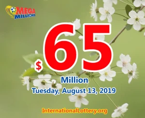 2019年8月9日的Mega Millions开奖结果，头奖金额为6500万美元。